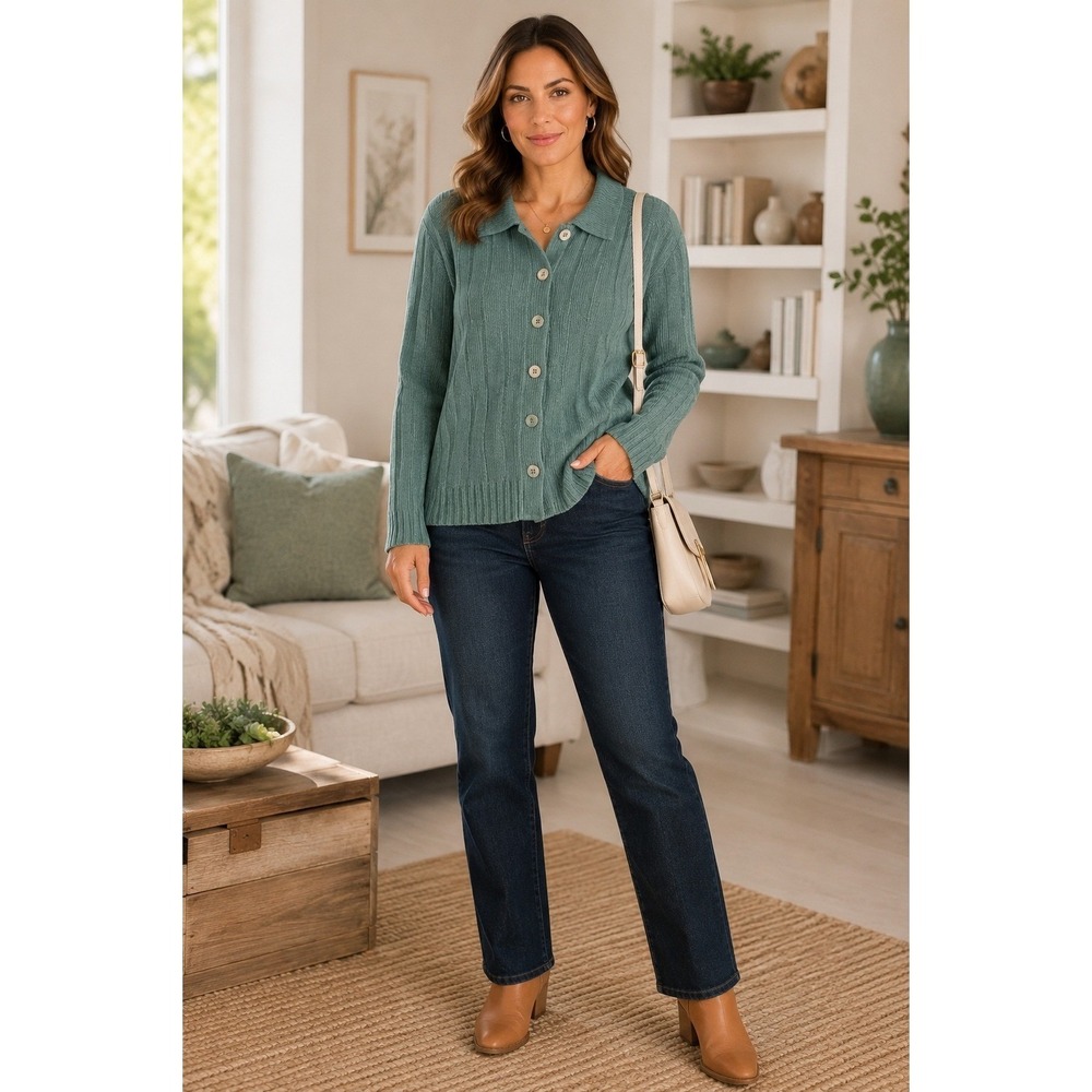 Bobbie Brooks Sea Green Ribbed Button Front‎ Cardigan Sweater Large 12/14